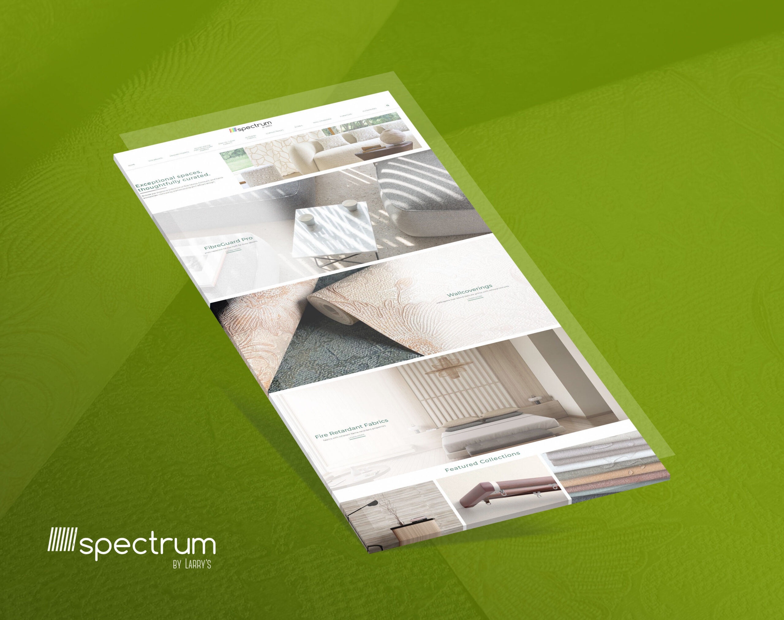 A mockup of the Spectrum by Larry's website displayed on a tilted, transparent page set against a textured green background.