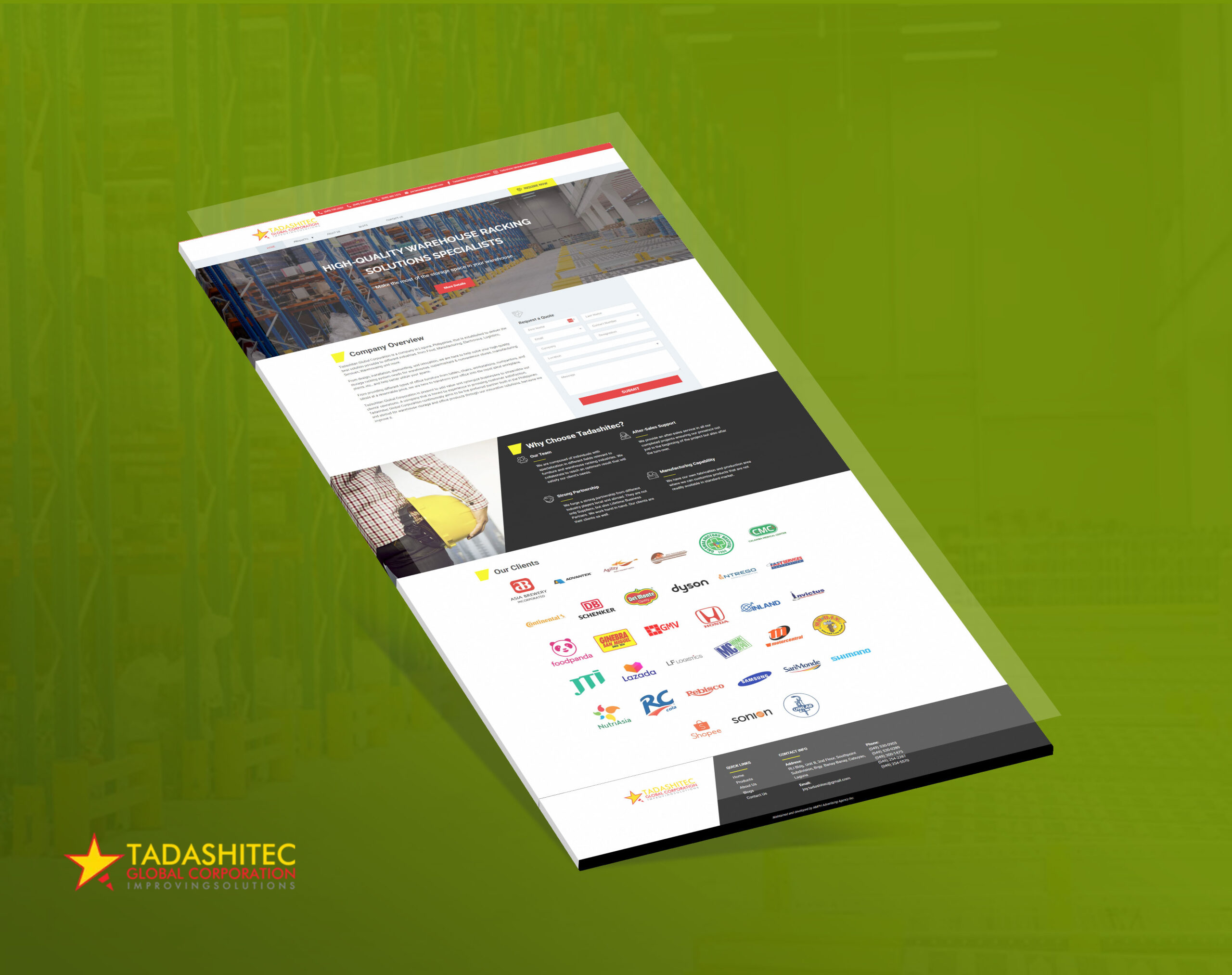 A mockup of the Tadashitecs website, showcasing high-quality warehouse racking solutions, company overview, why choose us section, and a list of clients, all set against a green background.