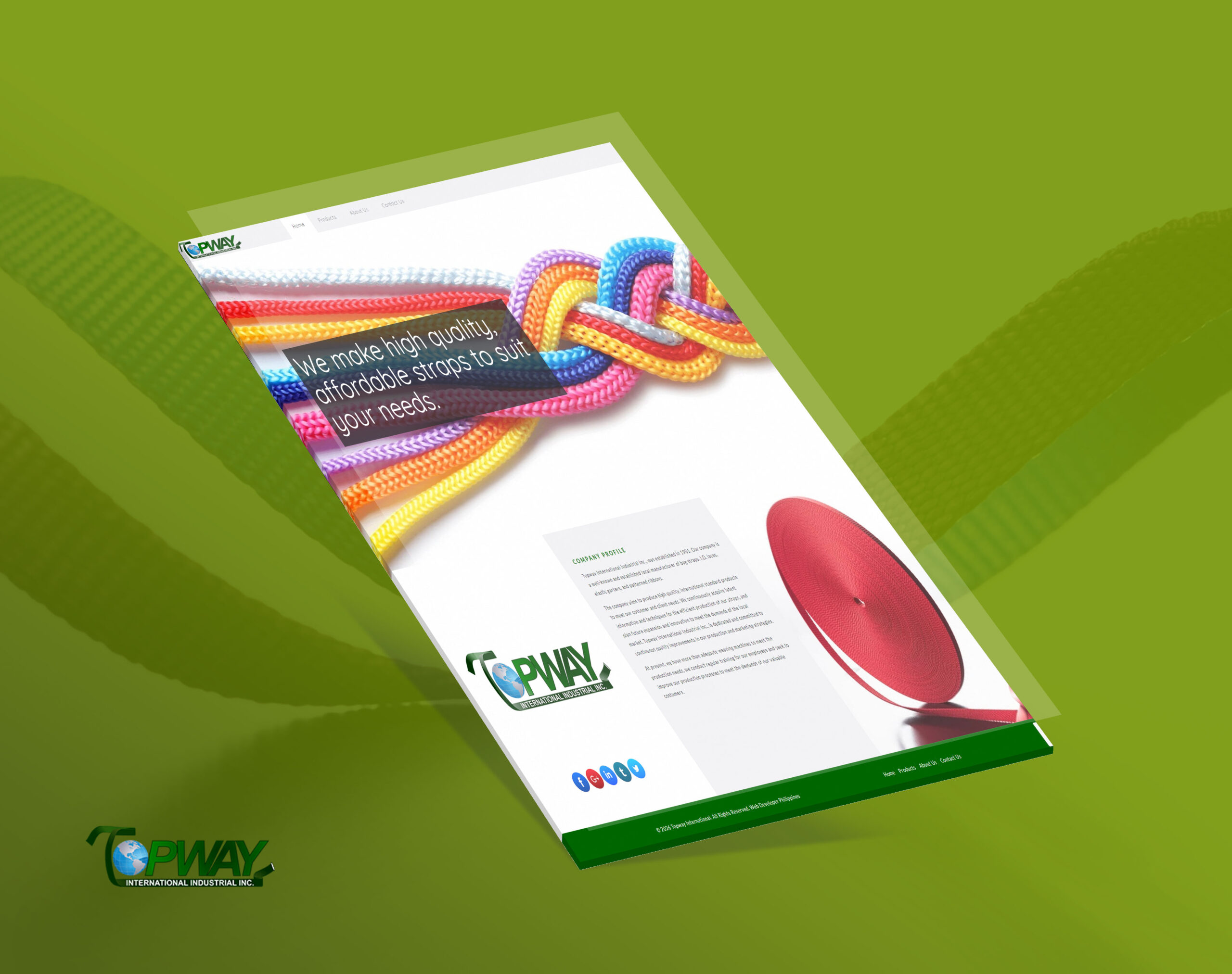 A webpage mockup for Topway International Industrial Inc. is shown against a green background, featuring a header with colorful knotted ropes and the text "We make high quality, affordable straps to suit your needs."