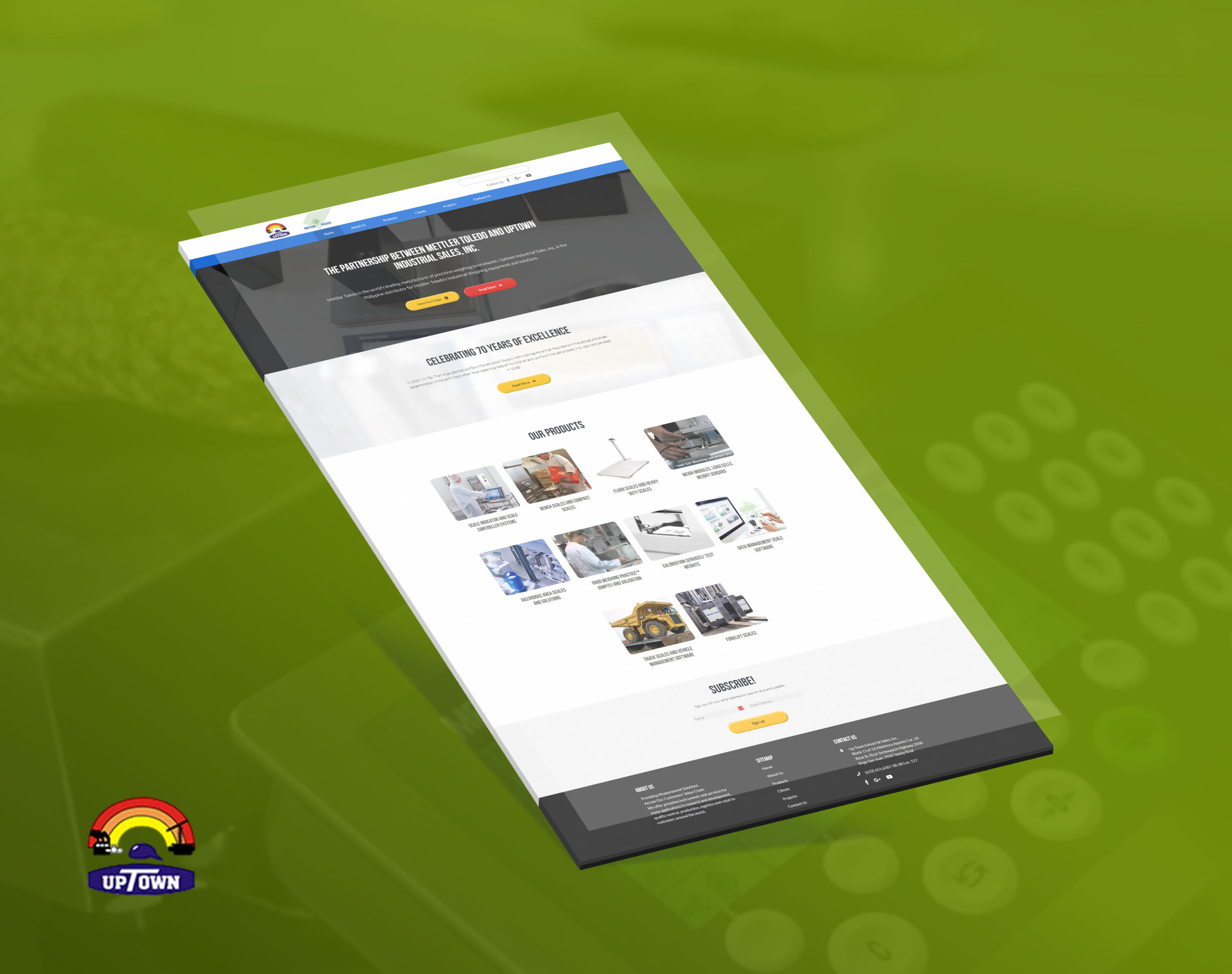 Mockup of the Uptown Industrial Sales, Inc website shown floating diagonally against a green background.