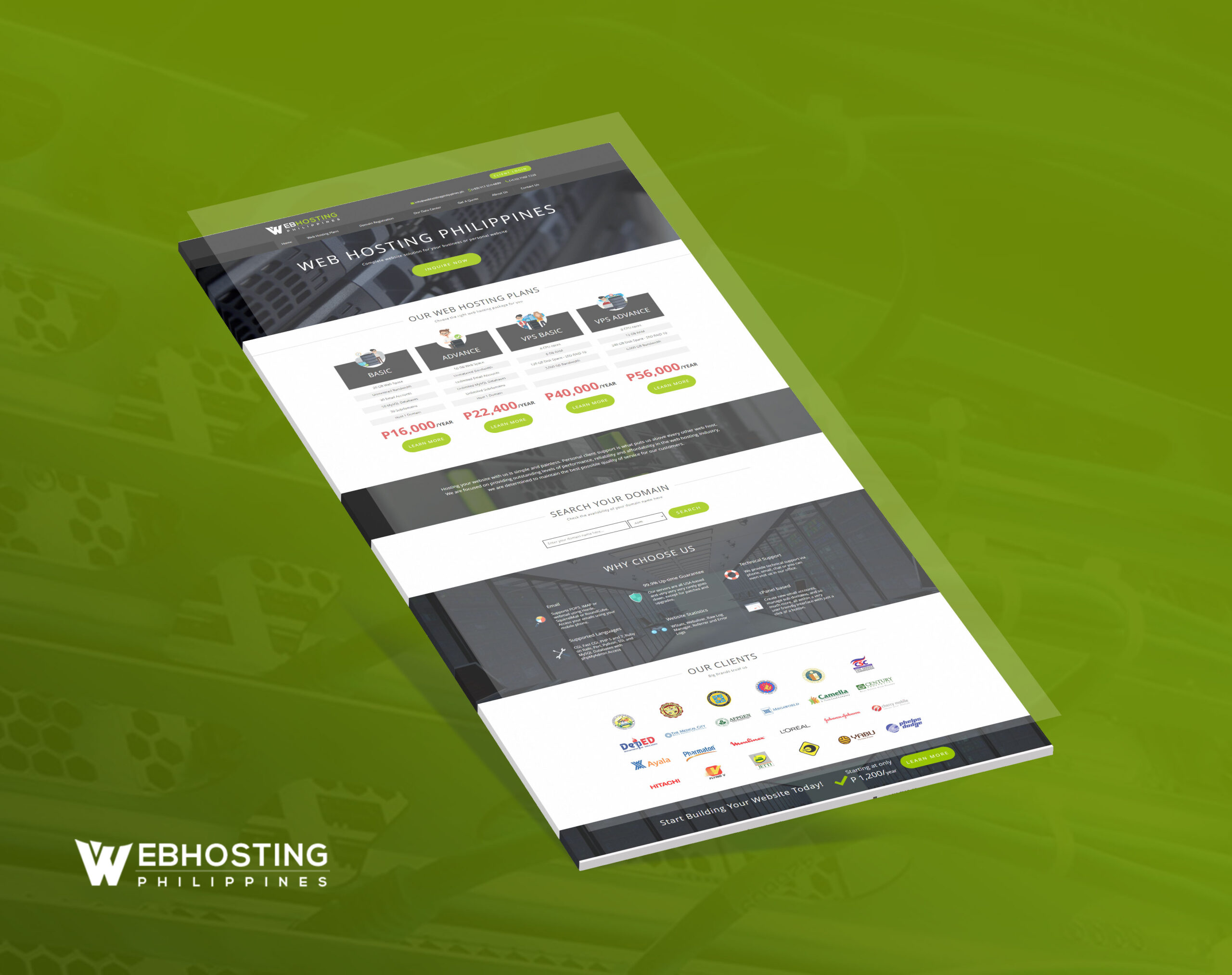 An angled view of a webpage for Web Hosting Philippines, showing pricing plans, a domain search bar, and features against a green background.
