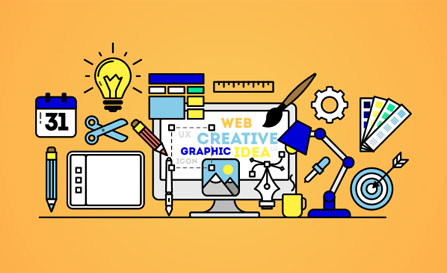 An illustration of various web design and marketing tools, including a computer monitor displaying web design elements, a lightbulb, scissors, a pencil, a paintbrush, color swatches, a calendar, and a target on an orange background.