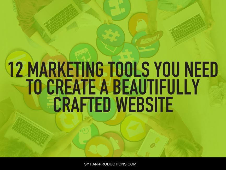 An overhead view of laptops and various social media icons scattered around, with the title text "12 MARKETING TOOLS YOU NEED TO CREATE A BEAUTIFULLY CRAFTED WEBSITE" overlayed in the center.