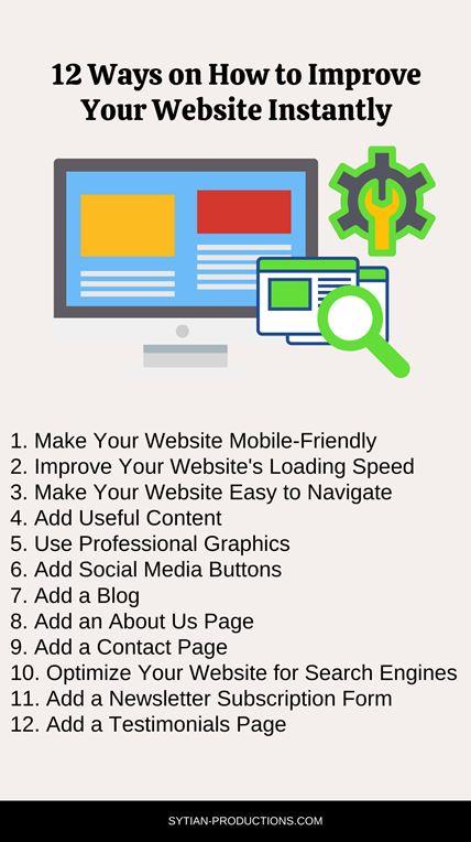 An infographic titled "12 Ways on How to Improve Your Website Instantly" listing tips like making it mobile-friendly and improving speed, accompanied by illustrations of a computer monitor, gear, and magnifying glass.