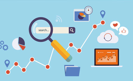 An illustration showing website improvement elements, including a magnifying glass over a search bar, data charts, a laptop, and a rising analytics trend line on a blue background.