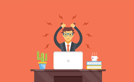 An illustration of a stressed person pulling their hair out in front of a laptop on a desk.