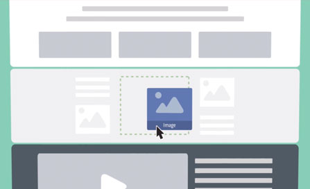 A website wireframe layout showing a mouse cursor dragging an image element into place.