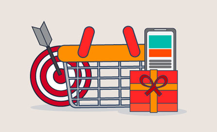 An illustration featuring a shopping basket, a target with an arrow, a wrapped gift box, and a smartphone, representing ecommerce concepts.