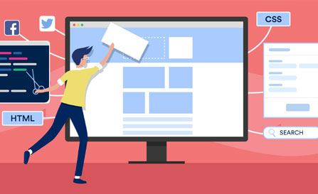 A vector illustration of a web designer building a website on a large computer screen, surrounded by code and UI elements like HTML, CSS, and social media icons.
