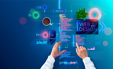 An illustration of hands interacting with holographic web design elements, code, and programming languages like HTML, CSS, JS, and PHP on a dark blue background.