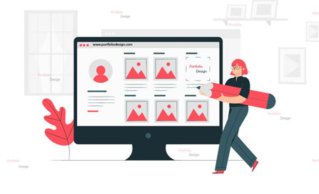 An illustration of a person carrying a giant red pencil while editing a portfolio website layout displayed on a large computer monitor.