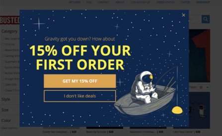 A website popup promoting 15 percent off your first order, featuring an illustration of an astronaut fishing from a boat in space against a starry night sky.