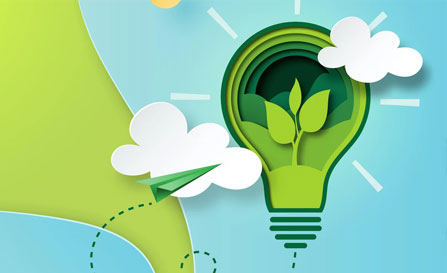 A layered paper-art illustration featuring a glowing green lightbulb with a sprouting plant inside, surrounded by white clouds and a green paper airplane against a blue and green background.