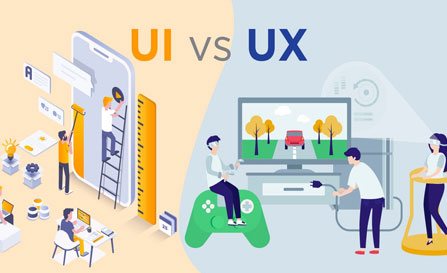 An illustration comparing UI and UX design, showing UI on the left with people building a mobile app interface, and UX on the right with people interacting with systems using controllers and VR headsets.