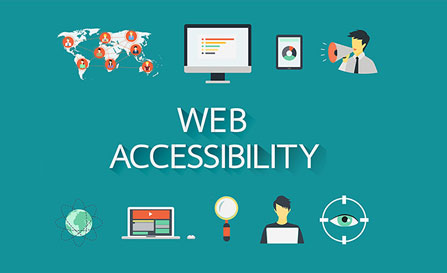 An illustration on a teal background with the text WEB ACCESSIBILITY in the center, surrounded by icons including a world map with connected users, a computer monitor, a tablet, a person speaking into a megaphone, a globe, a laptop, a magnifying glass, a person working at a laptop, and an eye symbol.
