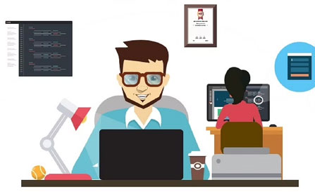 Illustration of two web designers working at their computers in an office setting.