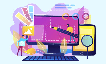 An illustration of a web design concept featuring a computer screen, color swatches, and small figures working on the interface layout and graphics.