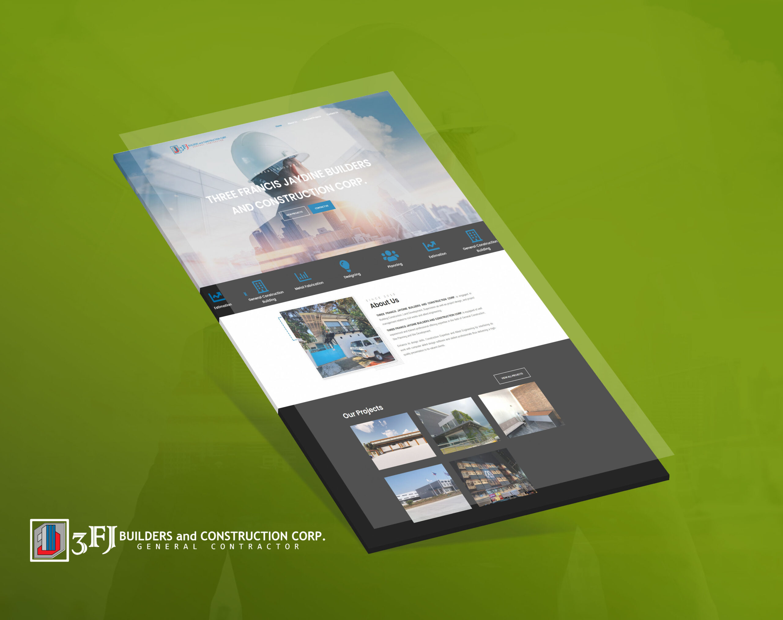 A 3D angled mockup of the Three Francis Jaydine Builders and Construction Corp. website on a green background, showing its homepage with construction imagery, services, and project gallery.