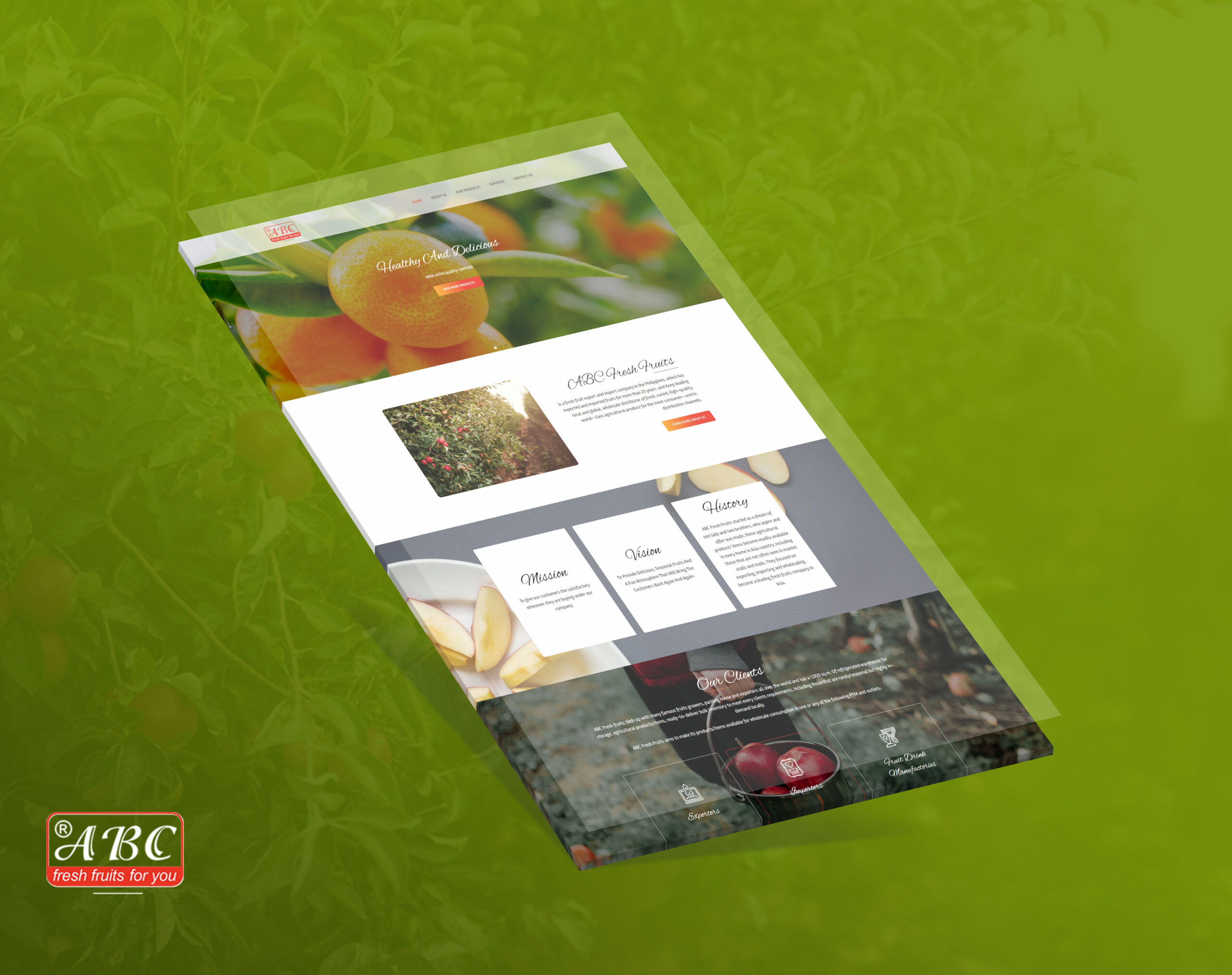 A mockup of the ABC Fruits website displayed diagonally on a green background.