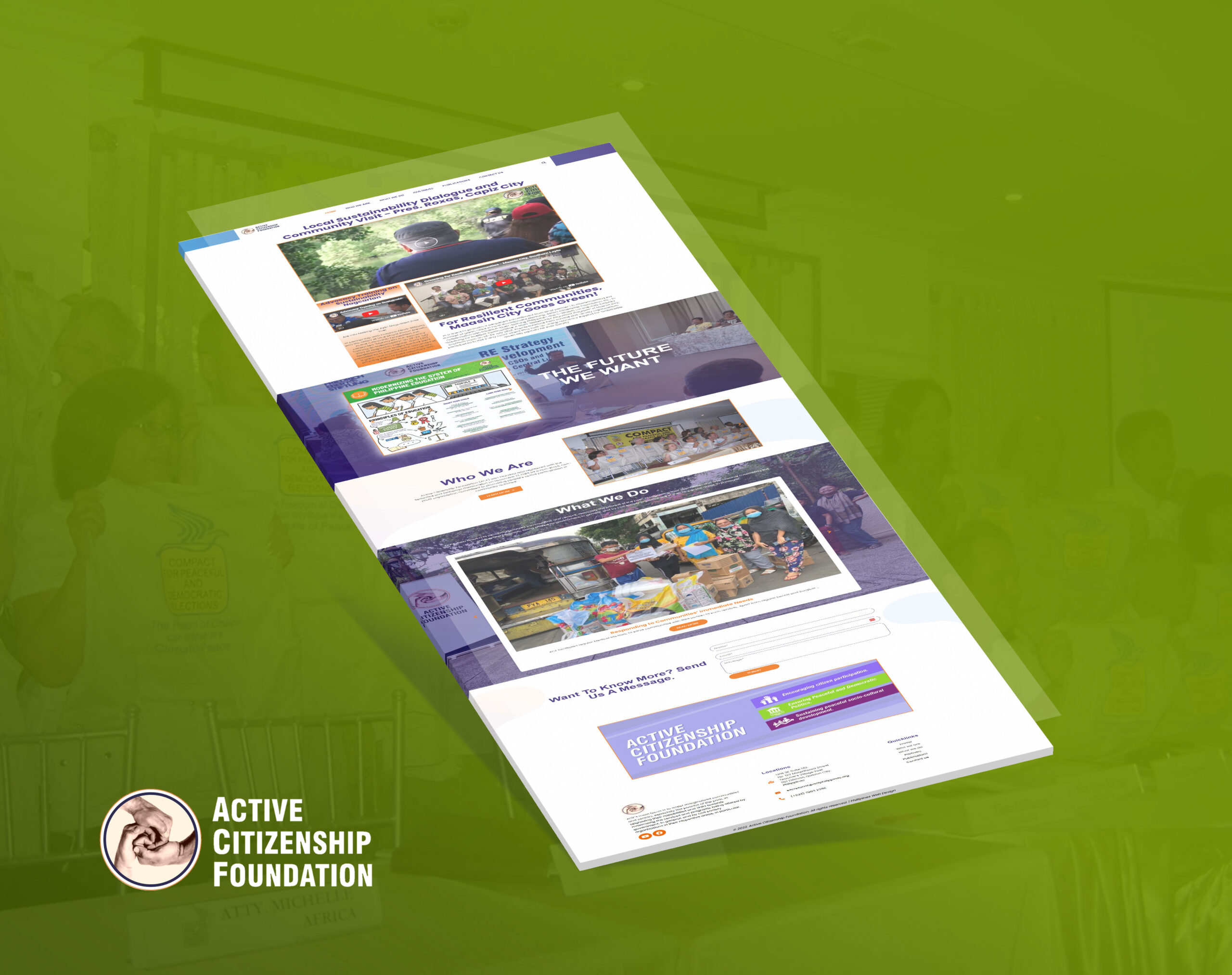 A 3D perspective mockup of the Active Citizenship Foundation website on a green background.