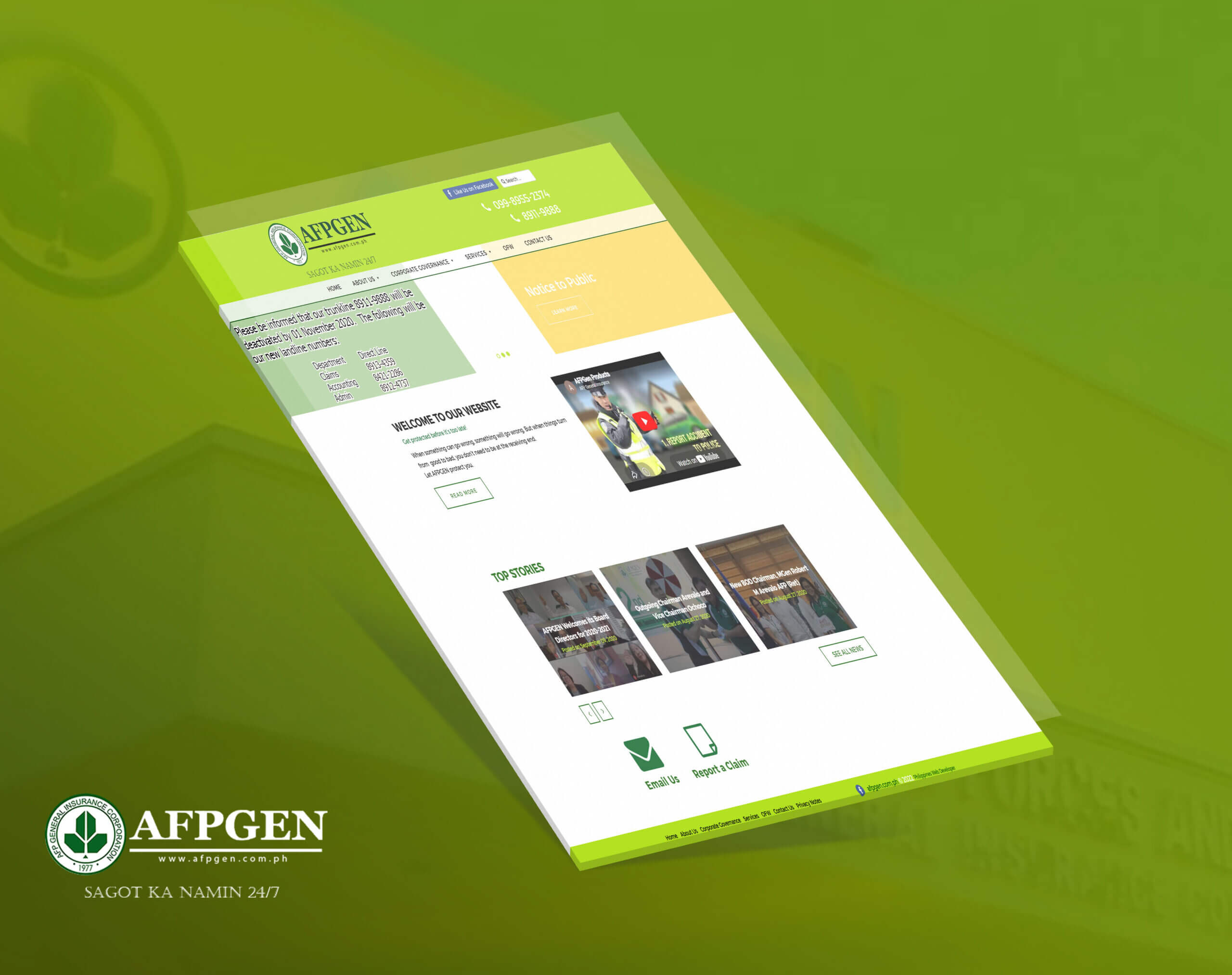 A mockup of the AFPGEN website on a green background, showing its homepage with contact information, a video, and top stories.