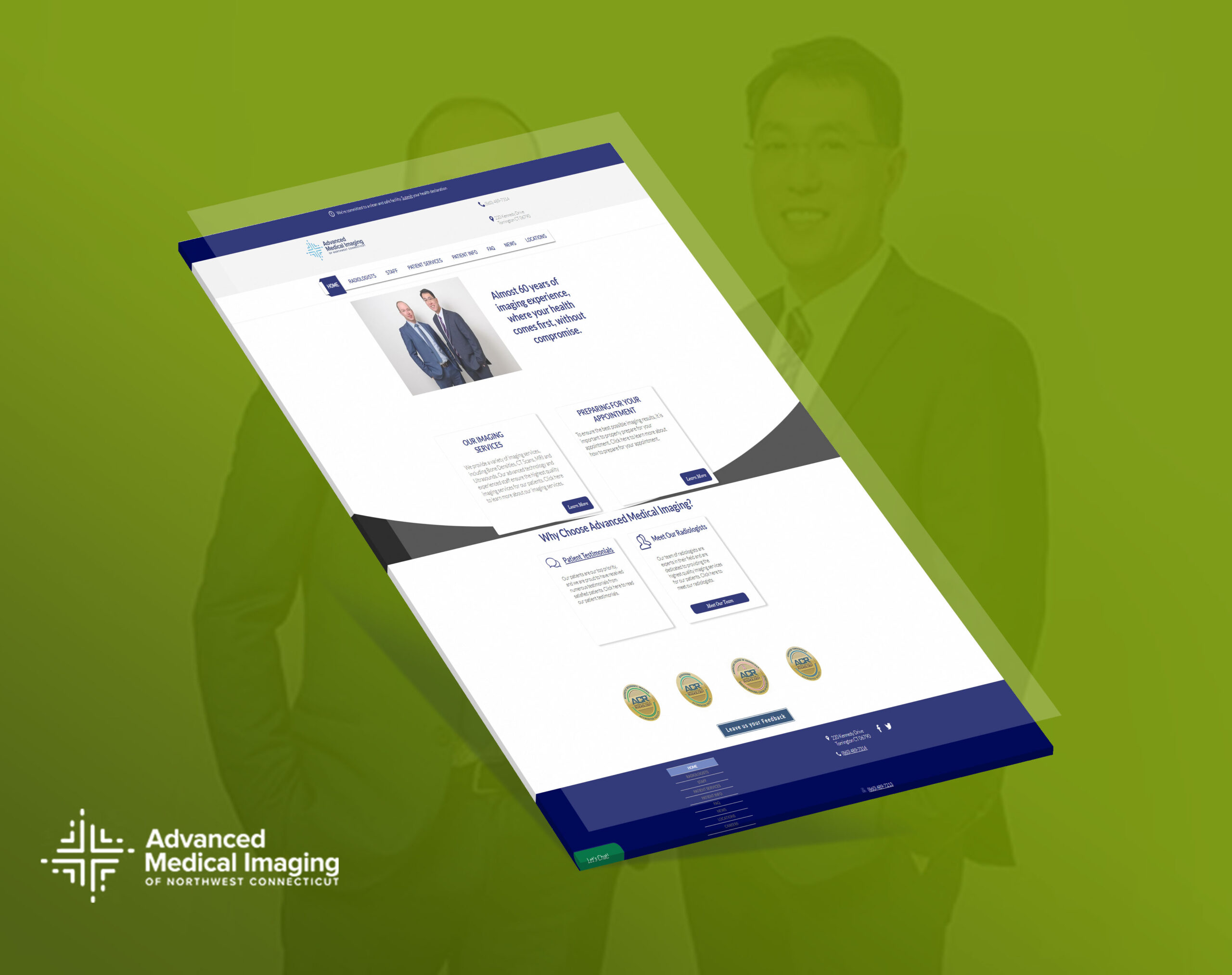 A floating webpage for Advanced Medical Imaging of Northwest Connecticut is displayed against a green background with a blurred silhouette of a man in a suit.