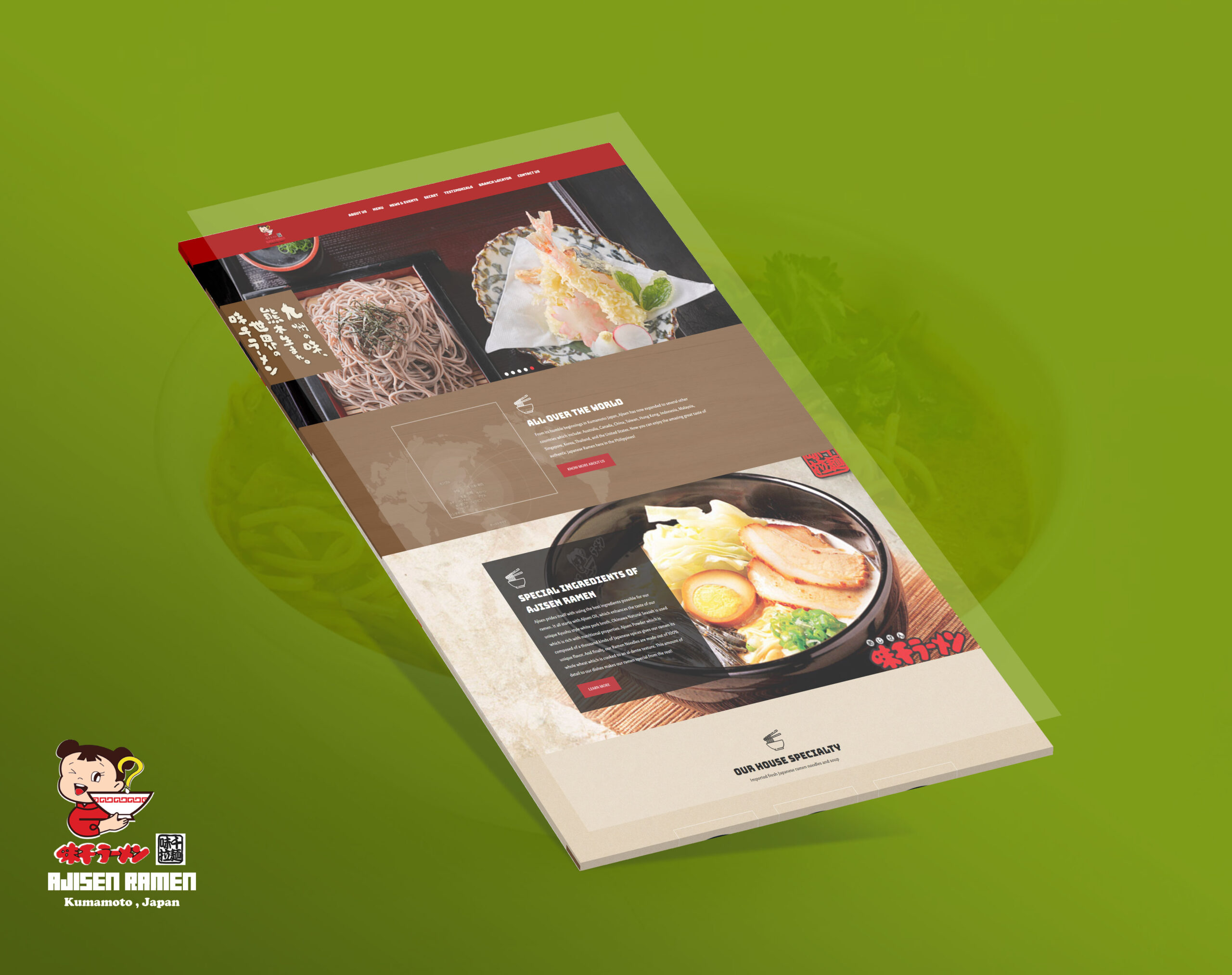 A 3D perspective mockup of the Ajisen Ramen website landing page featuring images of Japanese food like ramen and tempura.