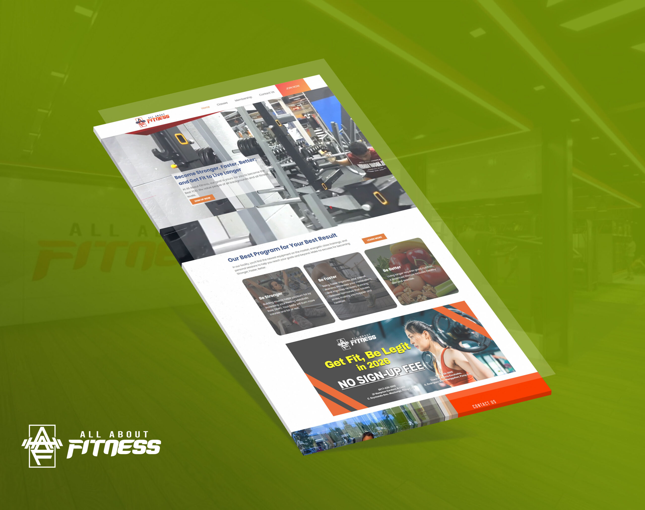 A 3D perspective mockup of the All about Fitness website homepage against a green background, showing fitness equipment, program highlights, and a promotional banner.