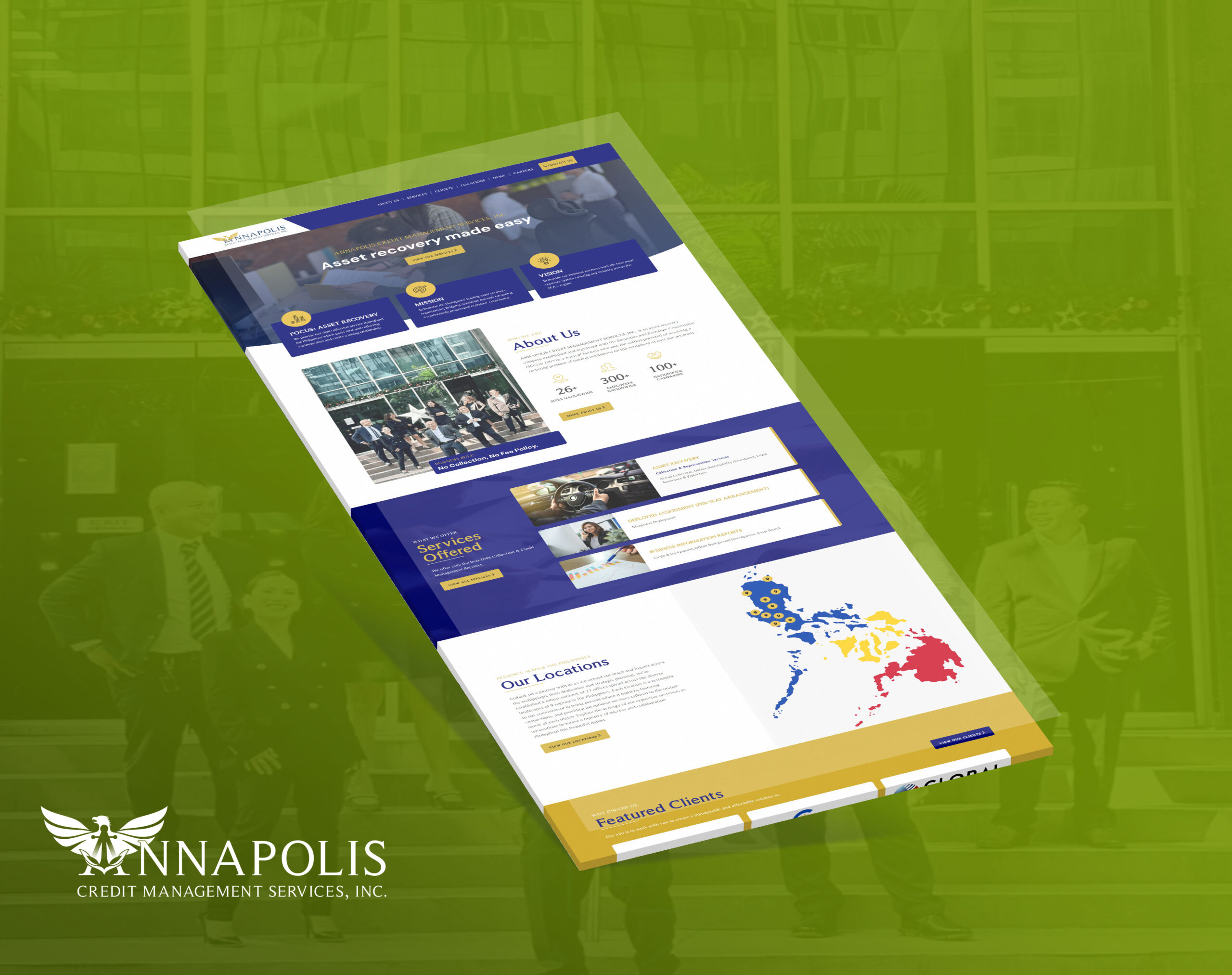 A 3D perspective mockup of the Annapolis Credit Management Services website shown against a green background with subtle silhouettes of professionals.