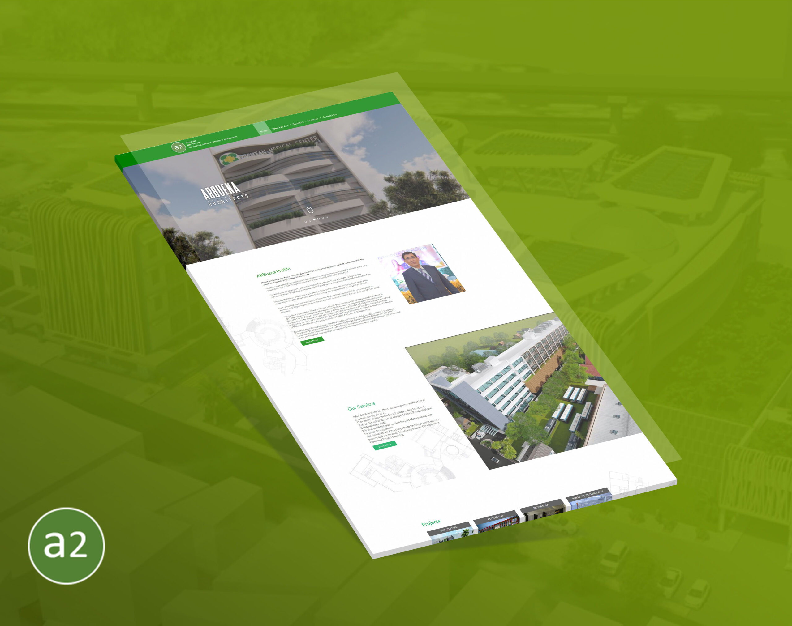 A 3D perspective mockup of the Arbuena Architects website displayed on a green background.