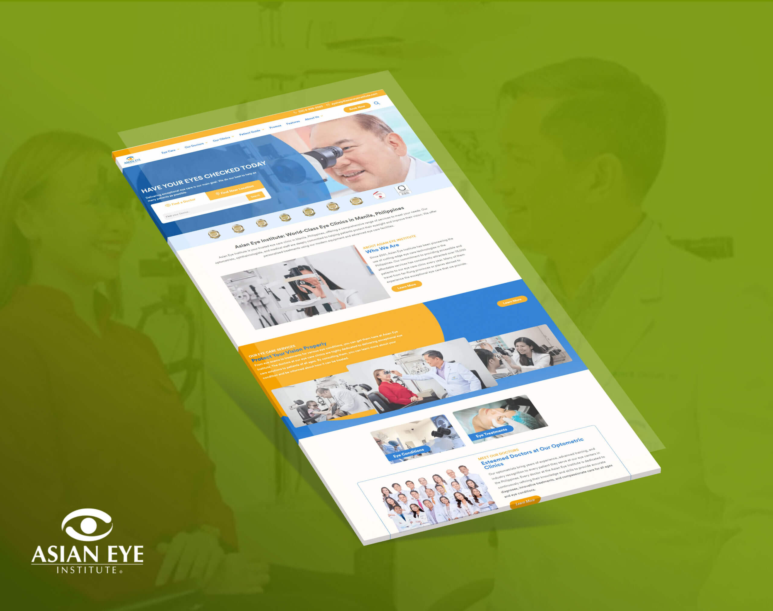 A tilted mockup of the Asian Eye Institute website on a green background, showing the homepage with navigation, text, and images of eye care services and doctors.