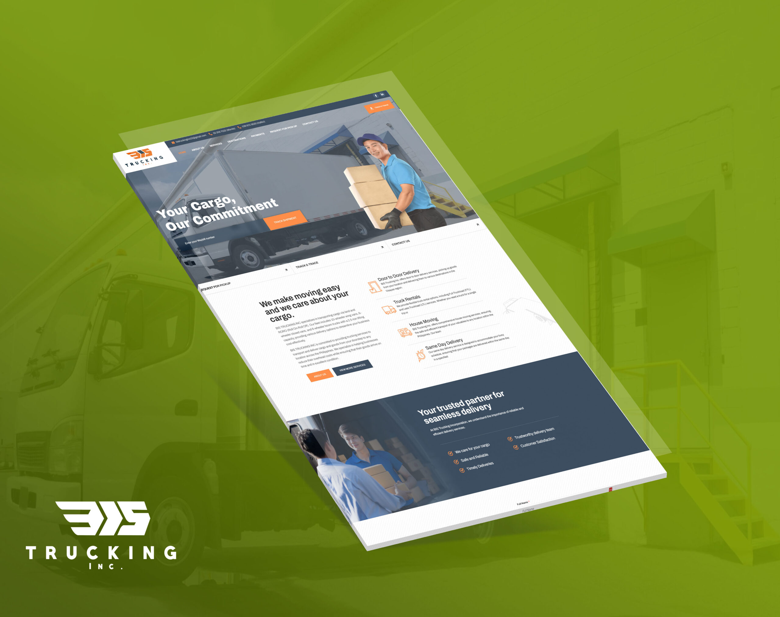 Mockup of the BIS Trucking website shown diagonally against a green background with a partial view of a white truck.