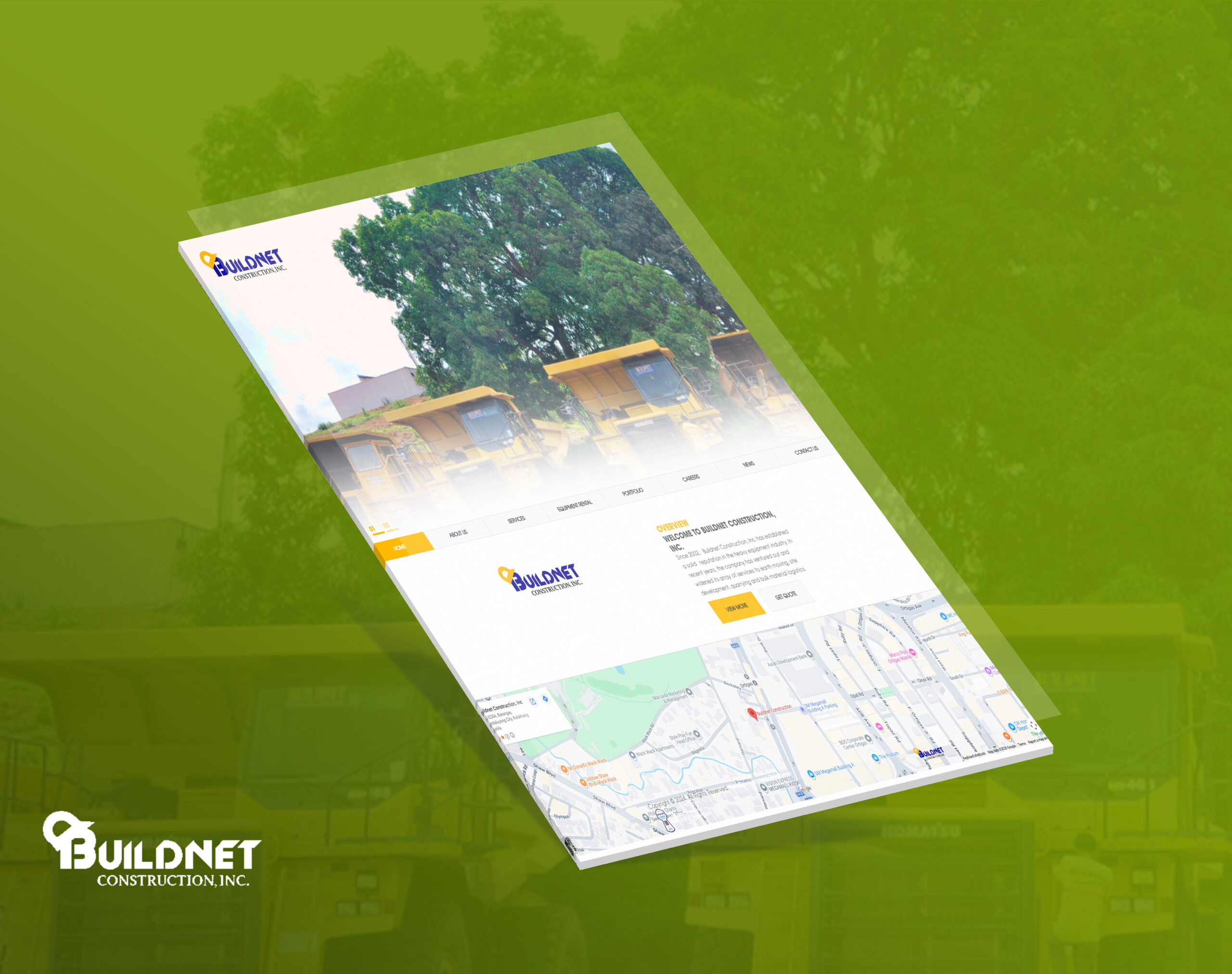 A tilted screenshot of the Buildnet Construction Inc. website showcasing the homepage with a photo of dump trucks, an overview text section, and an embedded map against a green background.