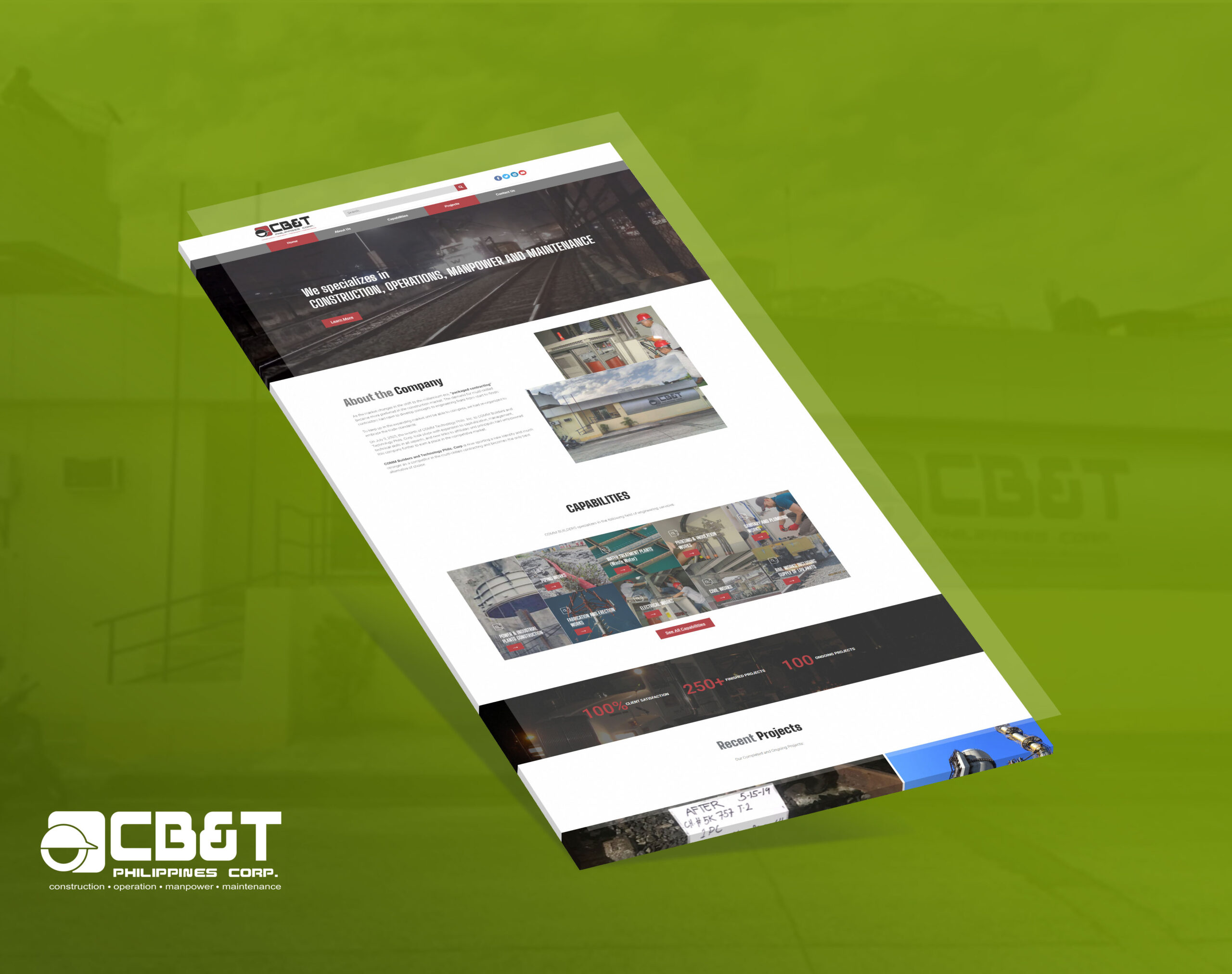 A webpage mockup for Commbuilders displayed in a tilted perspective against a green background, showing company sections and project capabilities.