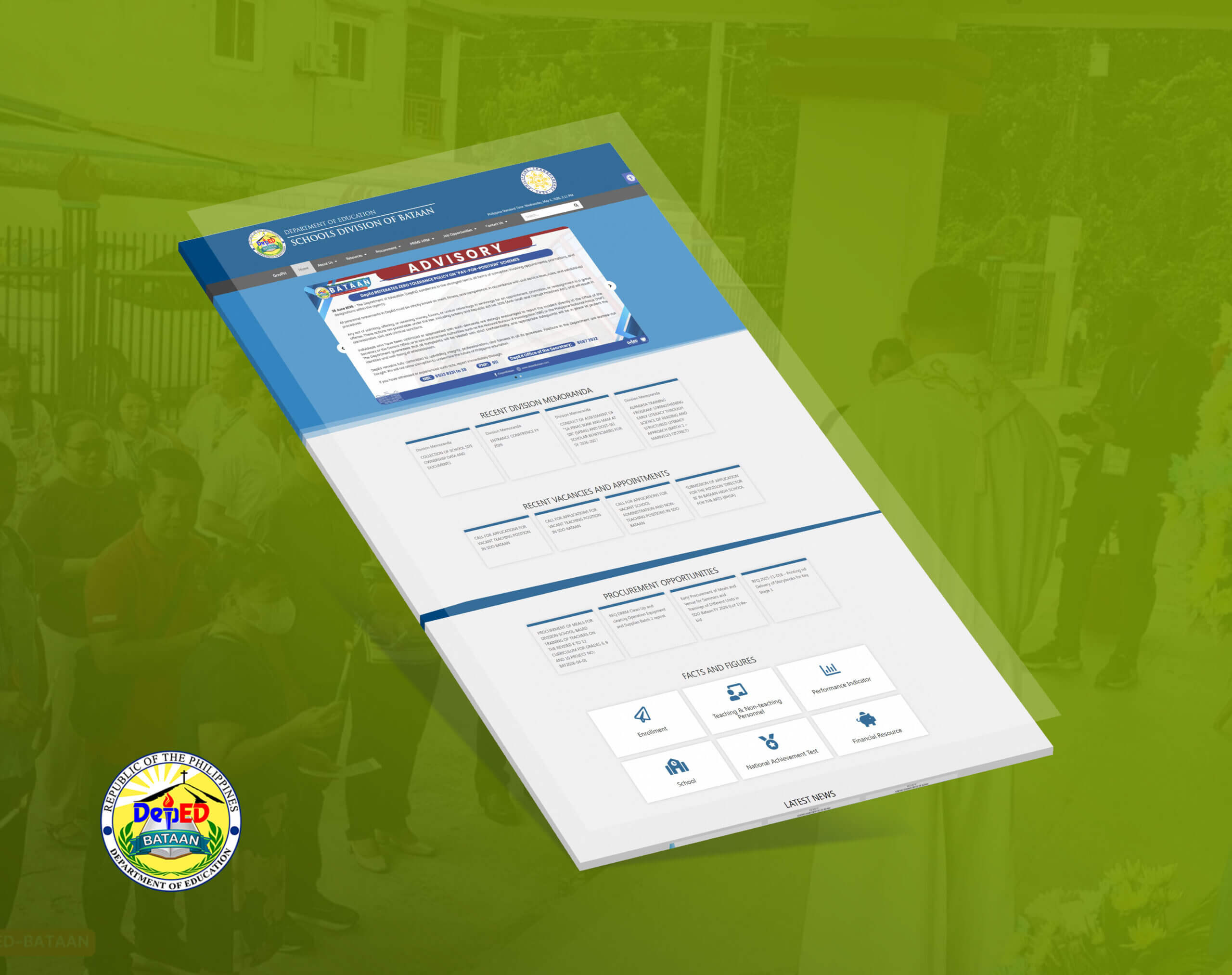 A mockup of the Department of Education Schools Division of Bataan website shown at a slight angle over a blurred background of people, featuring sections like Recent Division Memoranda, Recent Vacancies, and Procurement Opportunities.
