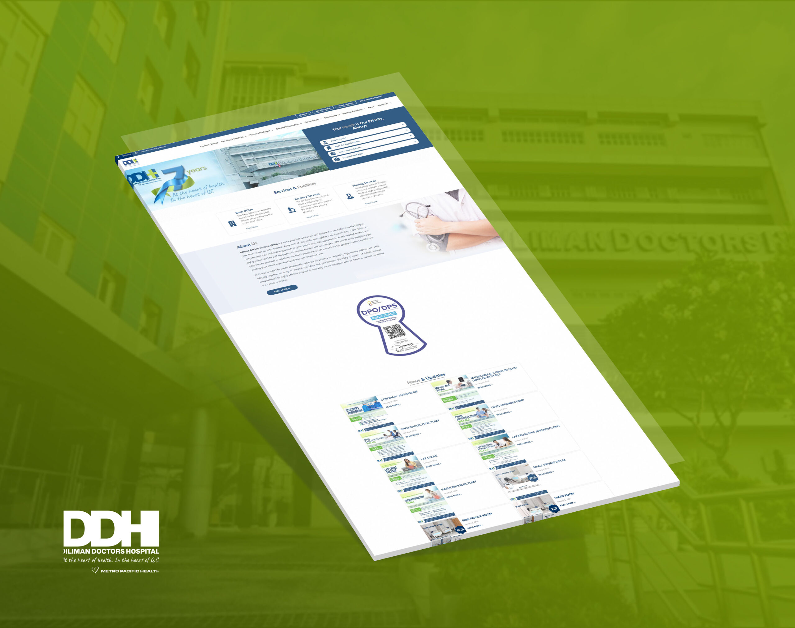 An angled mockup of the Diliman Doctors Hospital website displayed against a blurred green background, featuring the homepage, services, and medical packages.