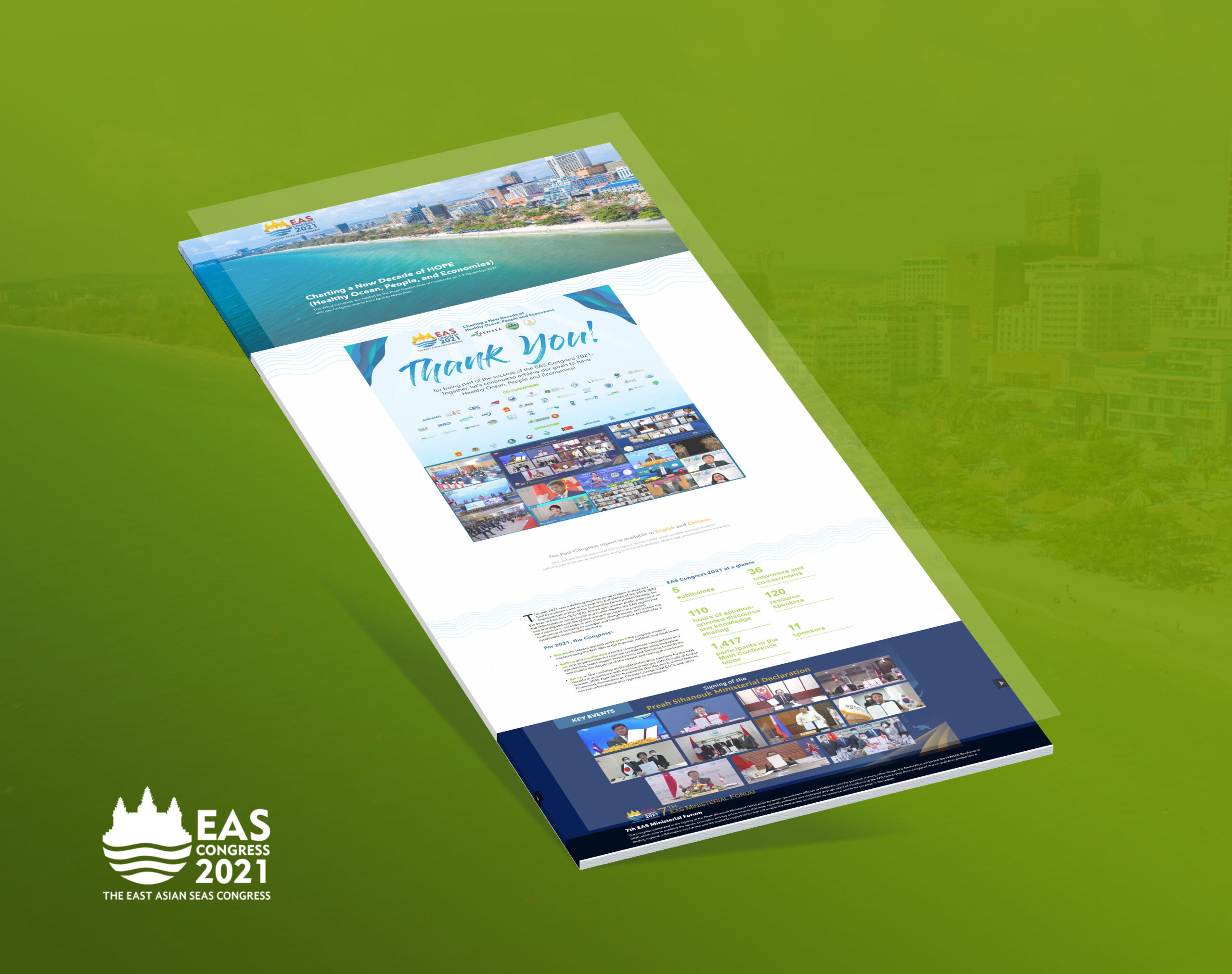 An infographic report for EAS Congress 2021 titled Charting a New Decade of HOPE Healthy Ocean, People and Economies on a green background.
