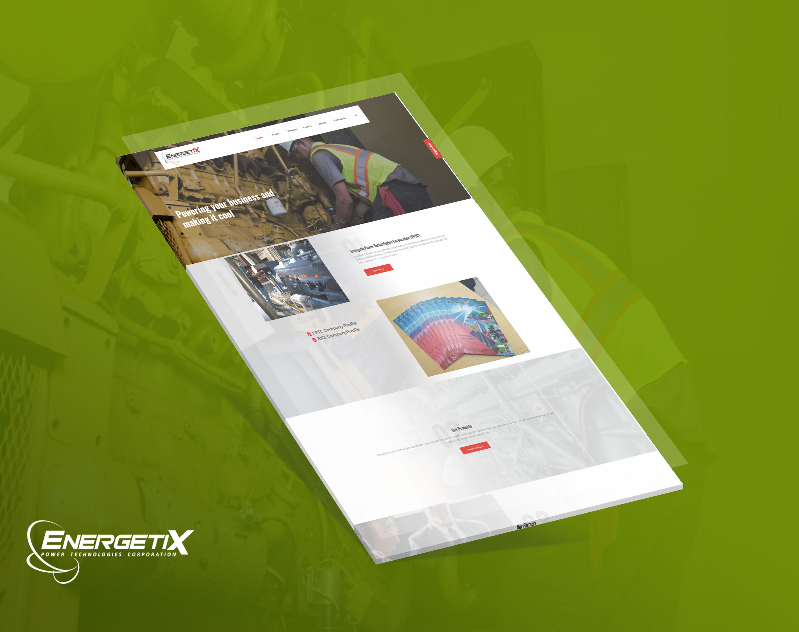 A tilted 3D mockup of the Energetix Power Technologies Corporation website homepage, displayed against a green background with a faint machinery watermark.