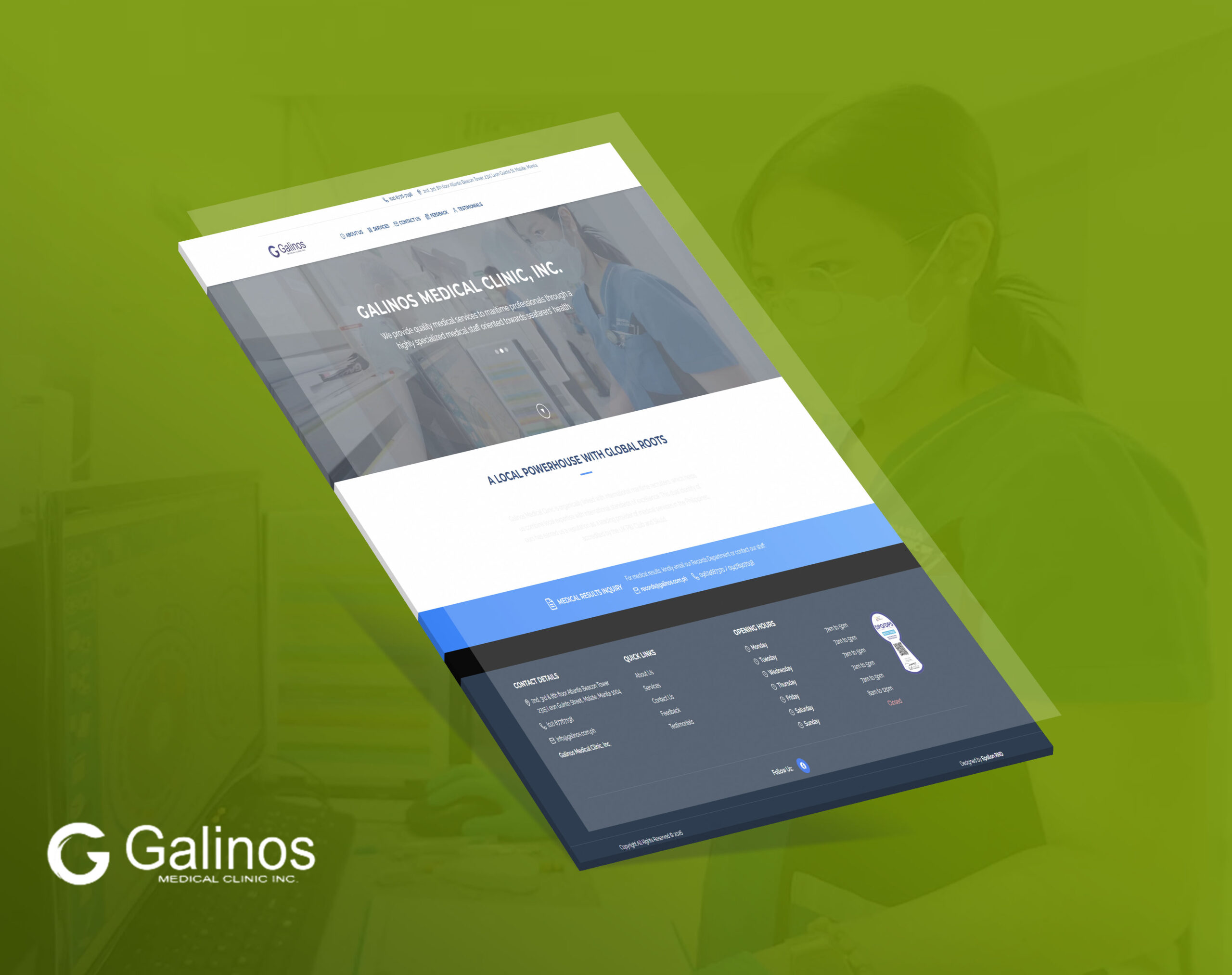 A website mockup for Galinos Medical Clinic, Inc. shown at an angle against a green background with a partially visible nurse.