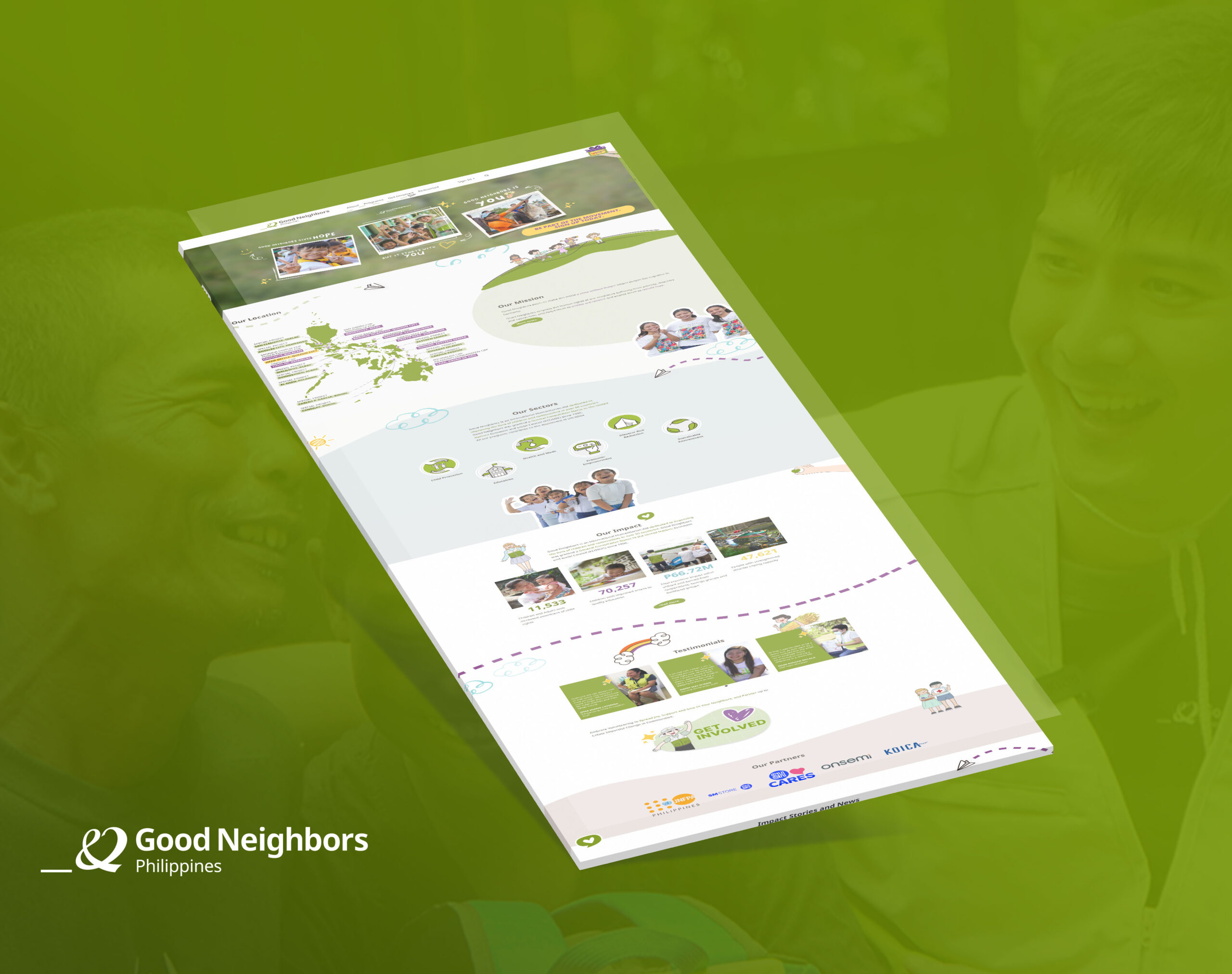 A mockup of the Good Neighbors Philippines website, featuring mission statements, impact data, testimonials, and partner logos, set against a green-toned background.
