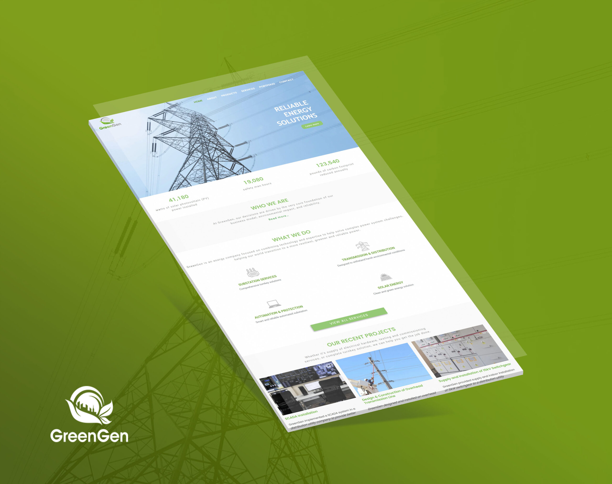 GreenGen website mockup featuring reliable energy solutions, statistics, services, and recent projects with a prominent power line tower image.