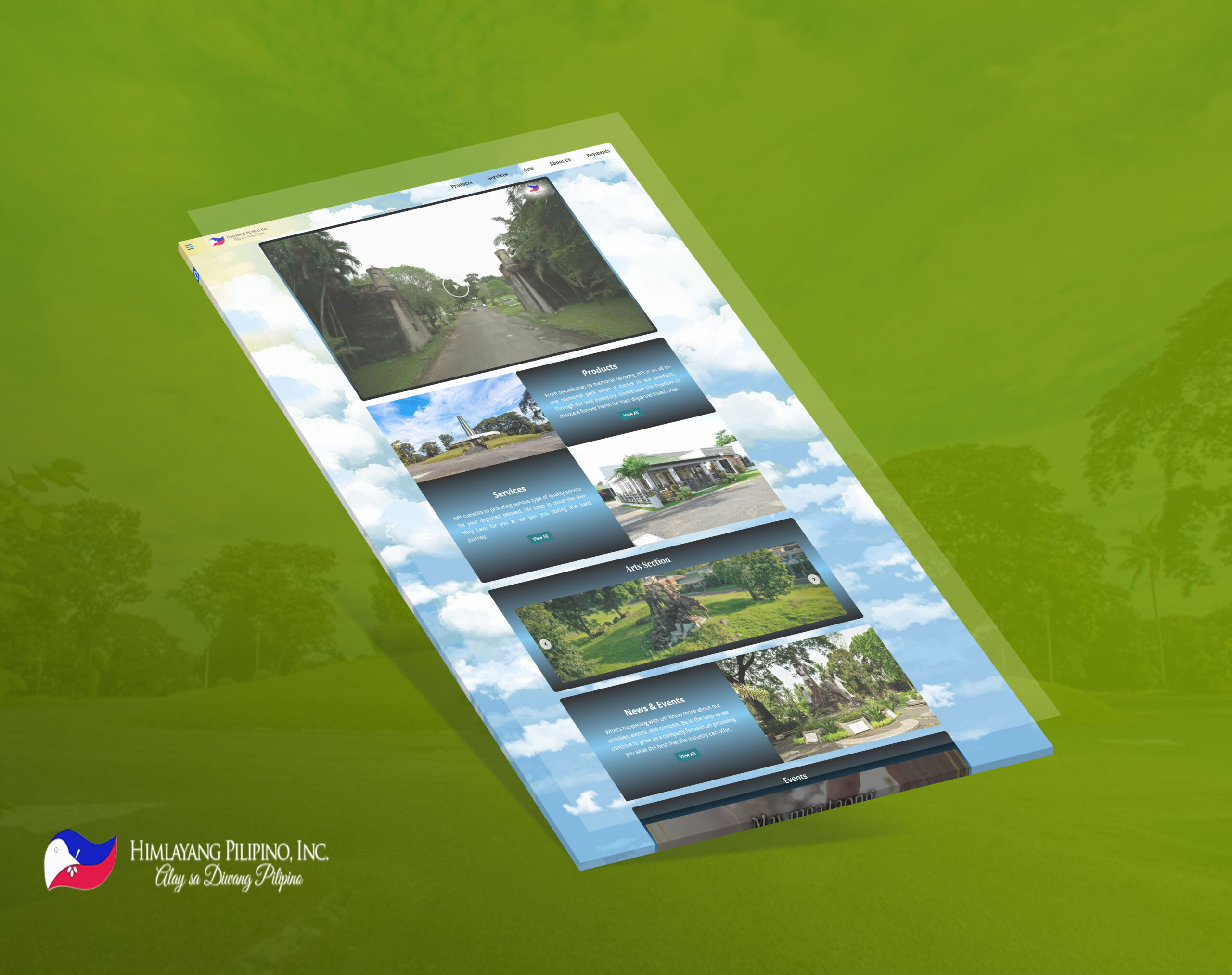 An angled mockup of the Himalayang Pilipino website displaying sections for products, services, arts, and events against a green background.