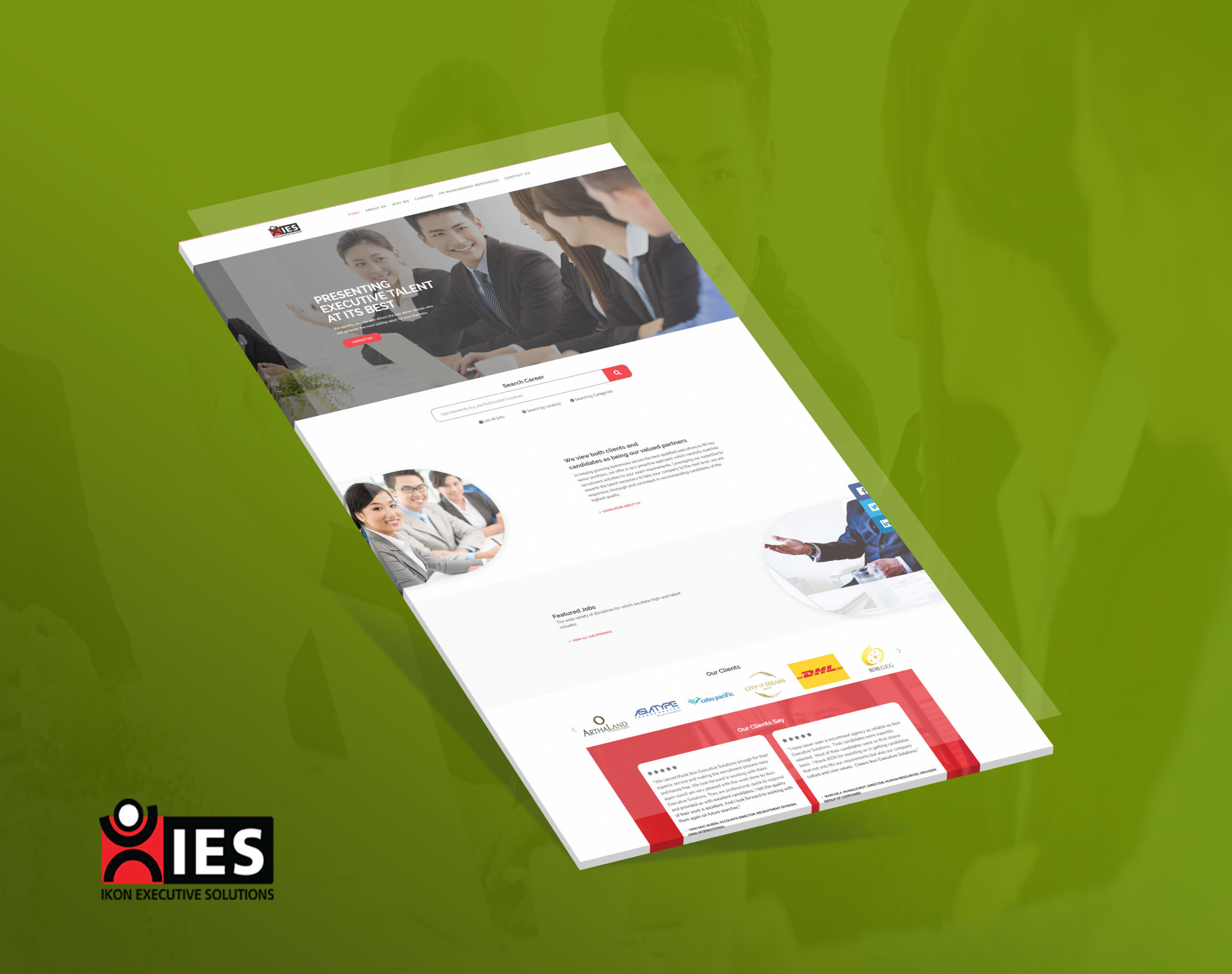 A tilted mockup of the Ikon Executive Solutions website showcasing a homepage with business professionals, search tools, client logos, and testimonials.