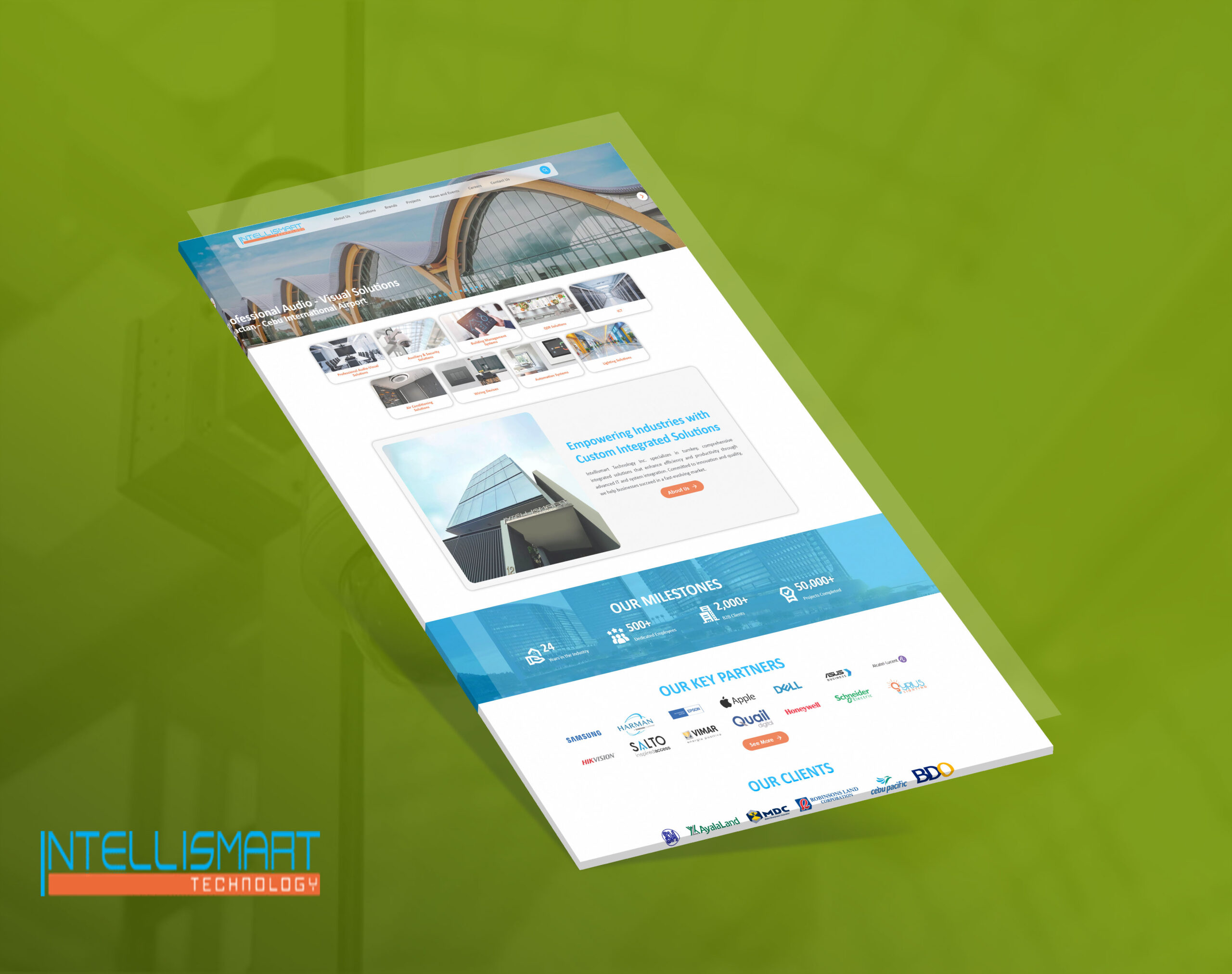 A slanted, high-angle mockup of the Intellismart website homepage on a green background, showing various sections including solutions, milestones, and key partners.