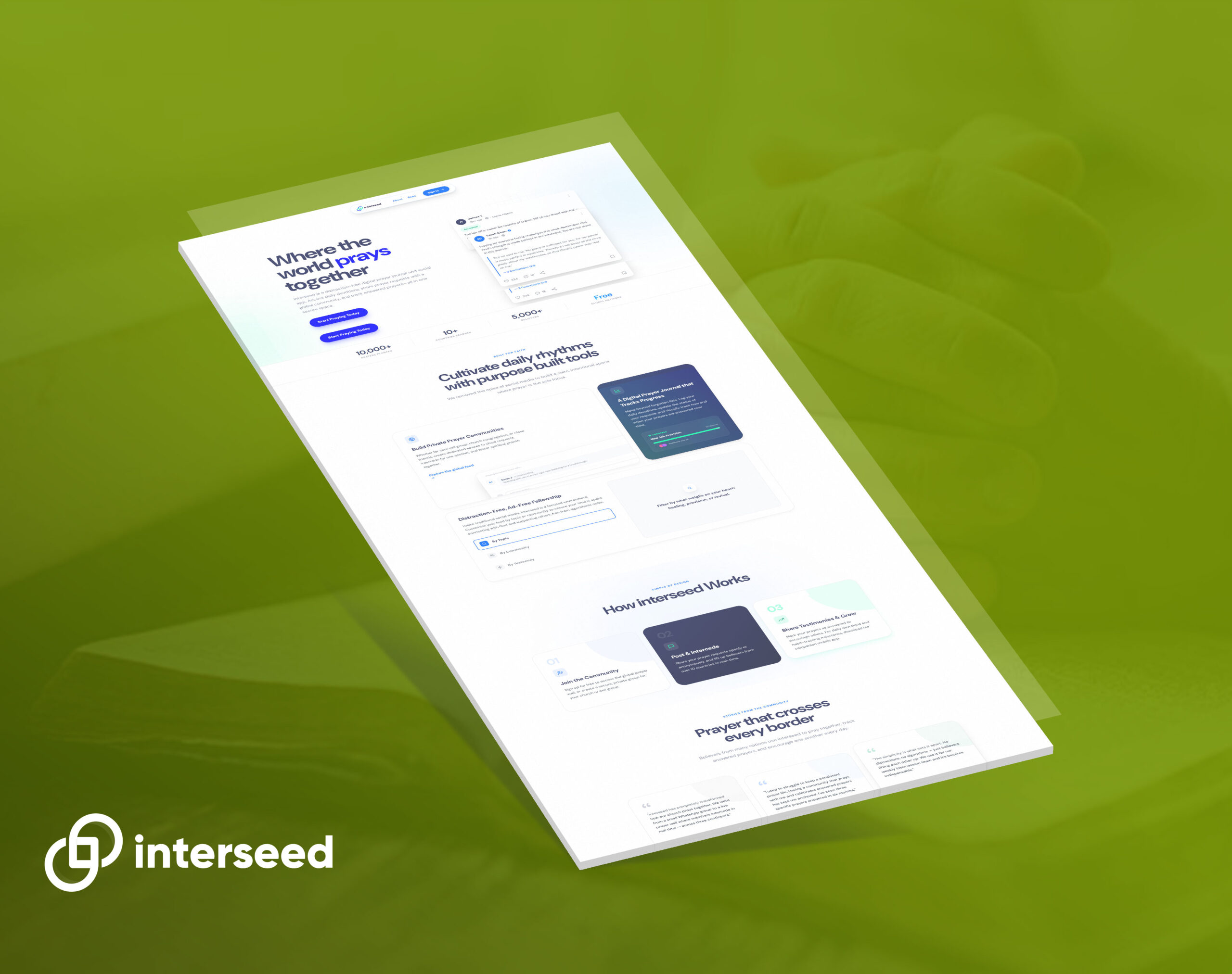 A mockup of the Interseed website displayed on a tablet against a green background, showcasing its prayer-focused features and community tools.