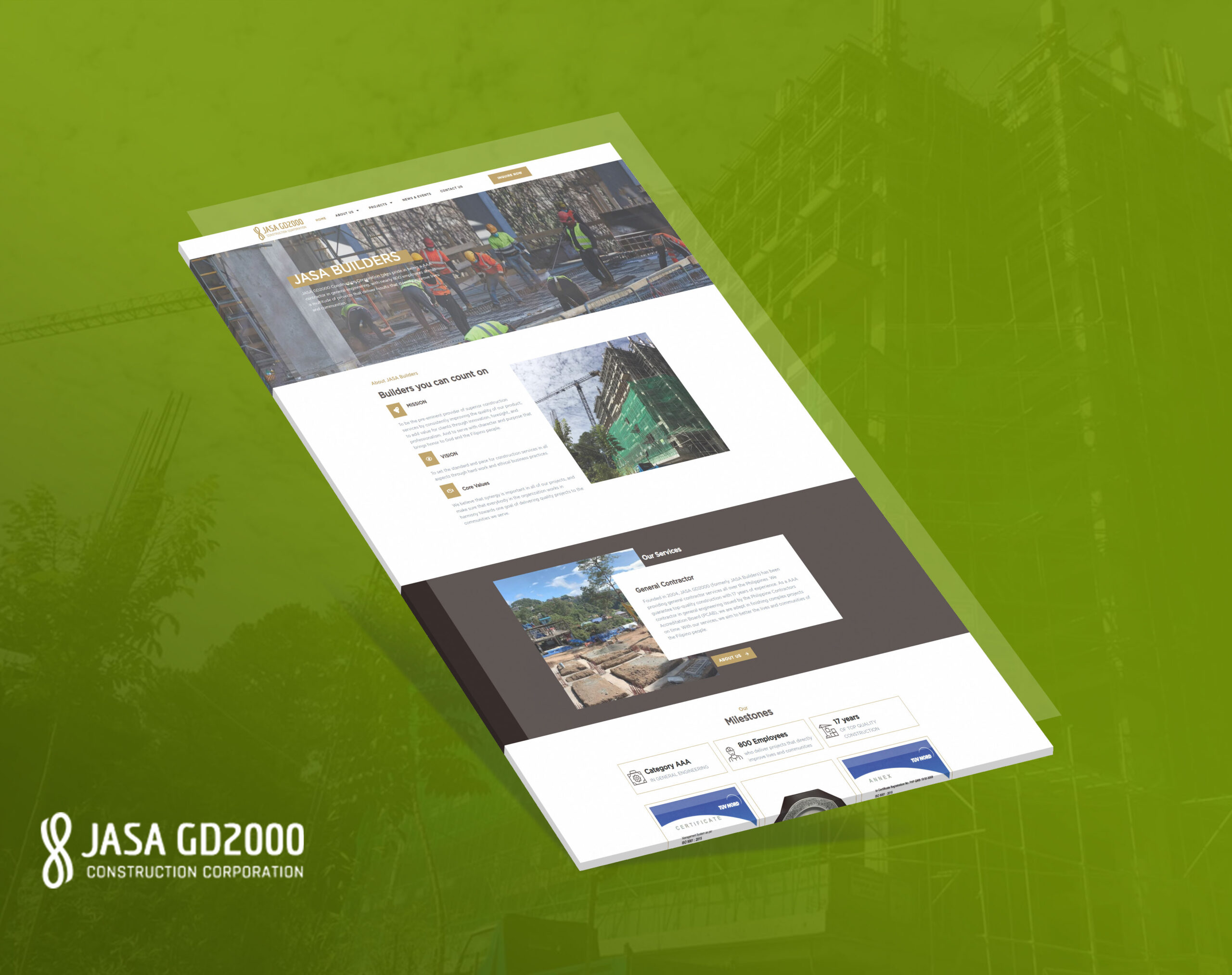 A mockup of the Jasa Builders website angled on a green background.