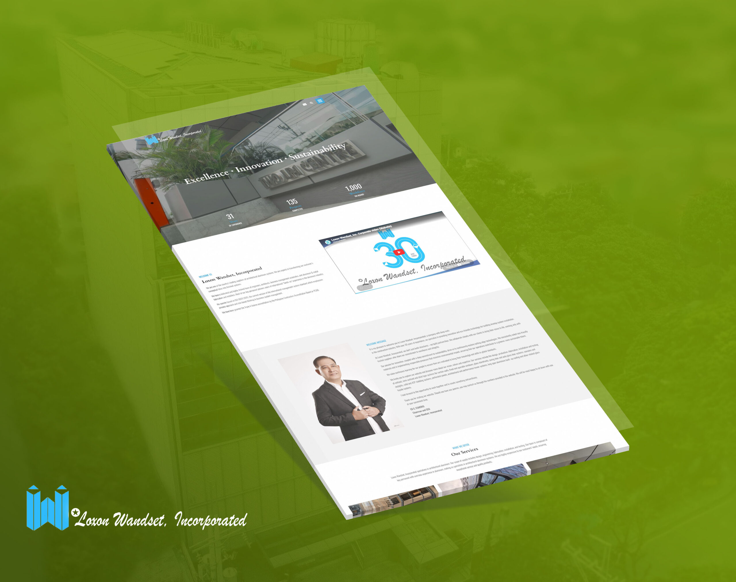A webpage for Loxon Wandset, Incorporated, featuring a hero image of a building, a company overview, a corporate video, and a welcome message from the chairman and CEO.