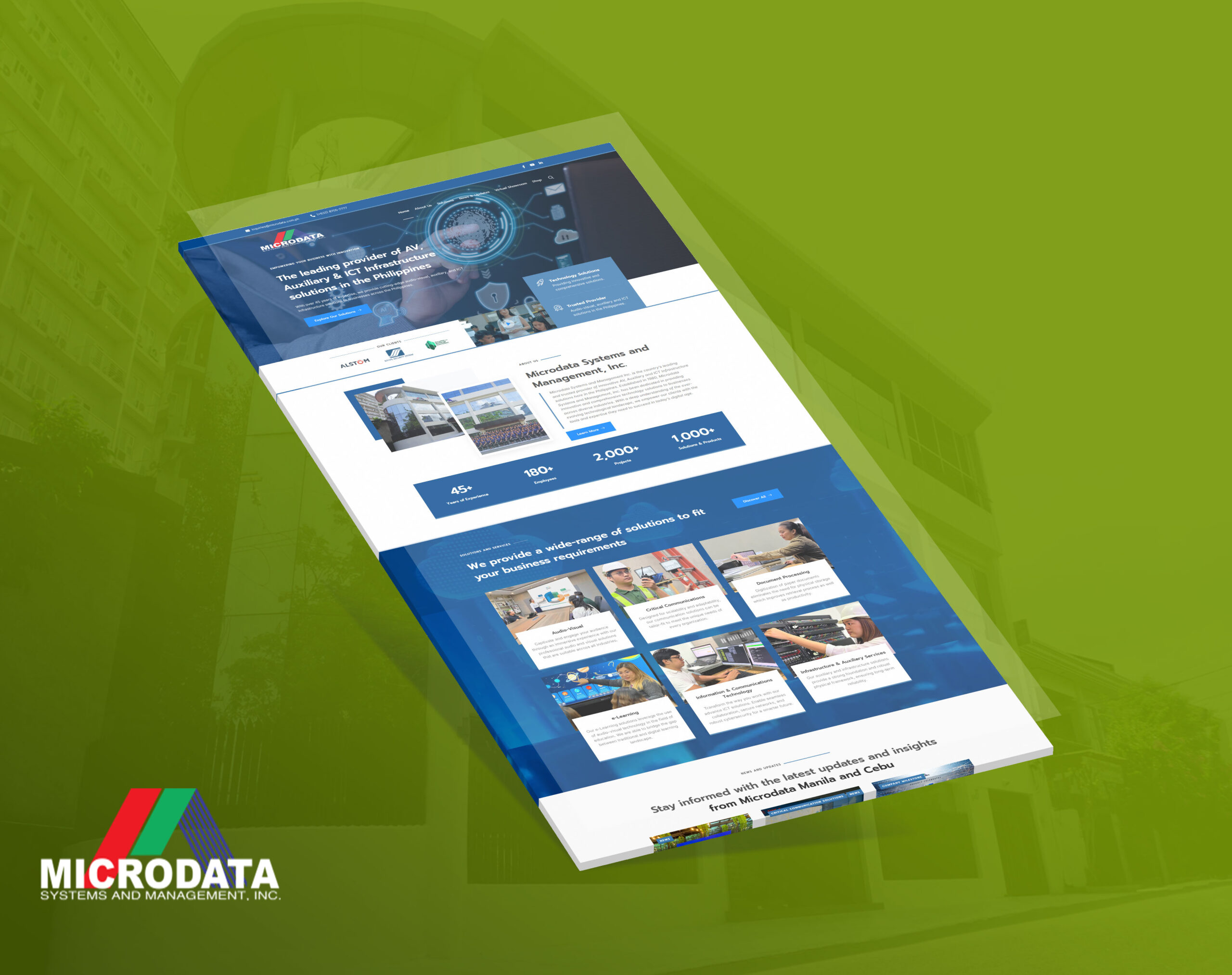 A 3D perspective mockup of the Microdata Systems and Management website on a green background.