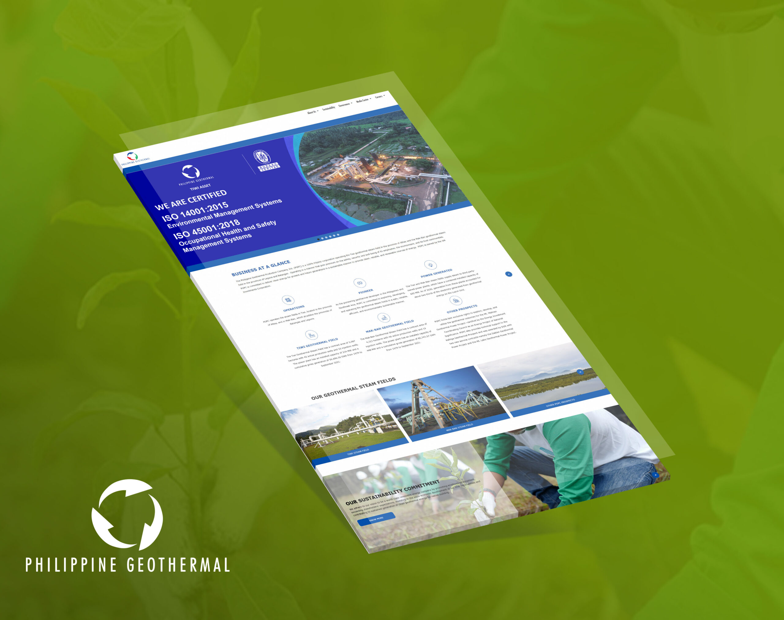 A screenshot of the Philippine Geothermal website against a green leaf background, showing certifications, business overviews, and sustainability commitments.