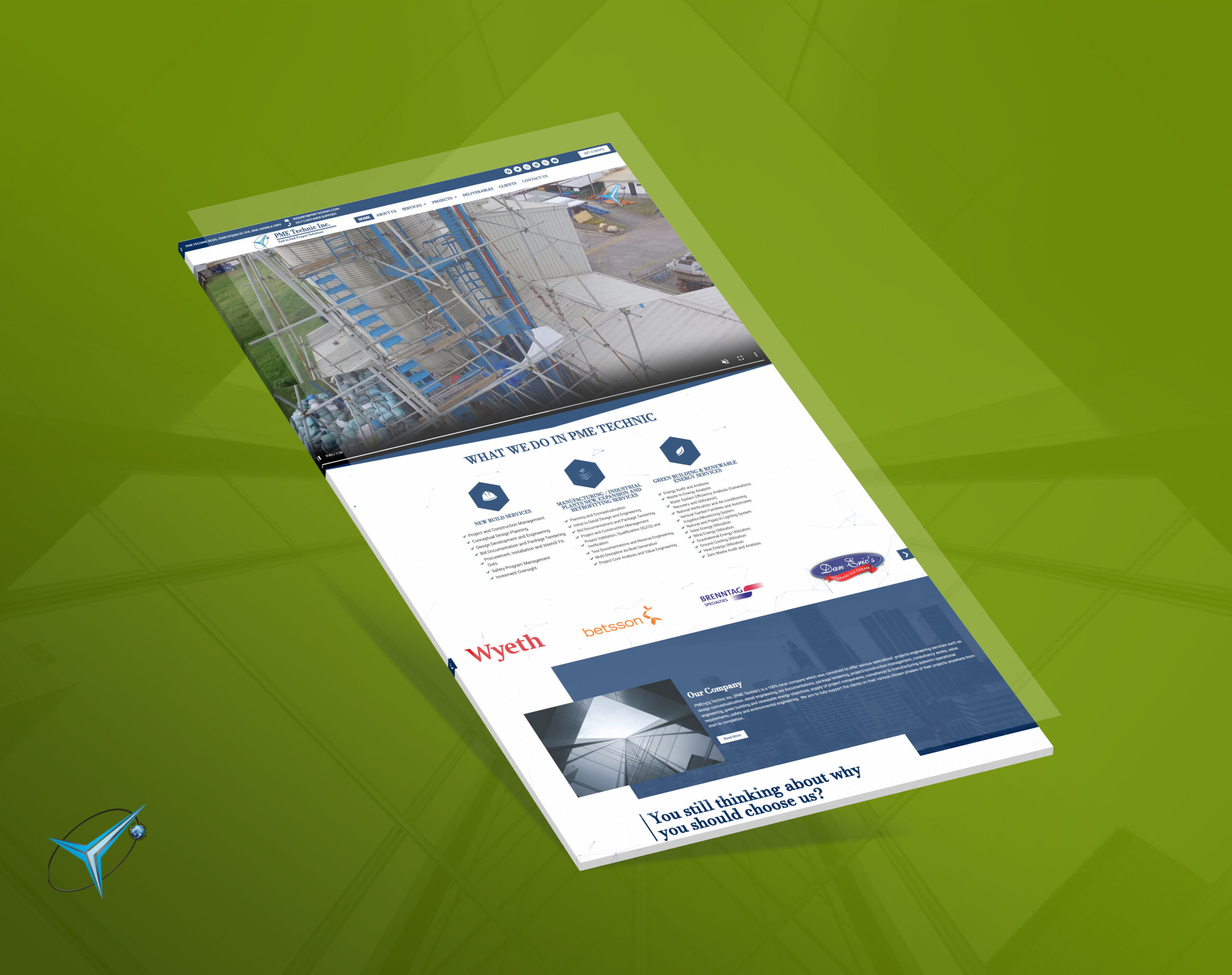 A mockup of the PME Technic Inc website on a tilted white background against a green backdrop.